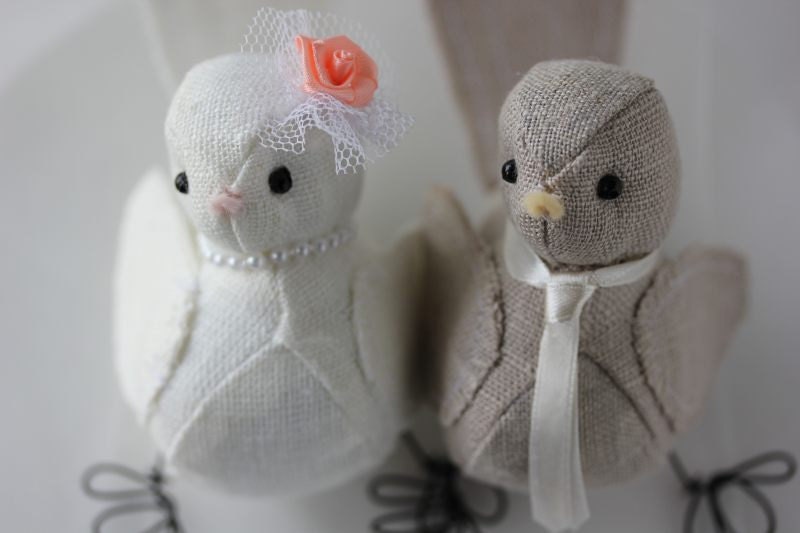 Wedding cake topper  love birds - Fabric bird cake topper - Love birds cake topper - in Natural and Ivory Linen fabric Made to Order