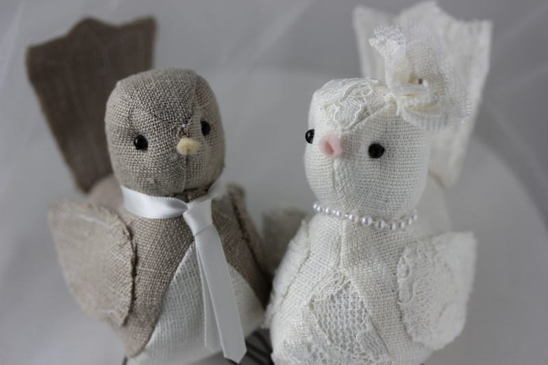 Wedding  cake topper - Wedding Love irds cake topper  -  Fabric Birds Cake topper -  Natural and  ivory linen lace fabric - CUSTOM ORDER