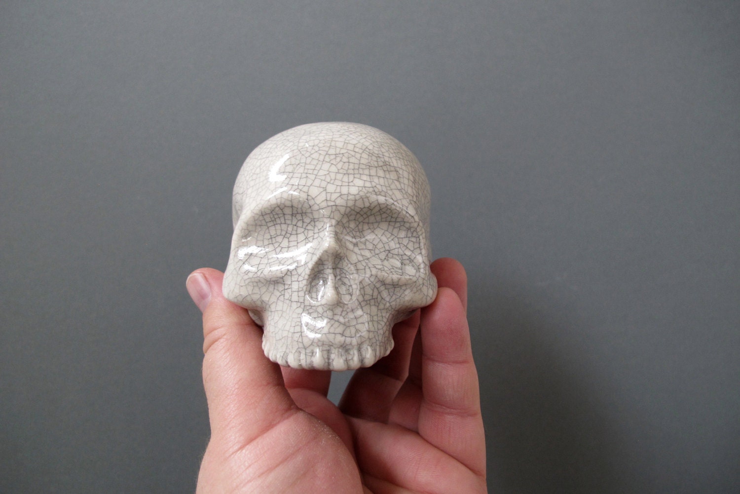 Human Skull ceramic halloween decoration in a stunning crackle glaze for display