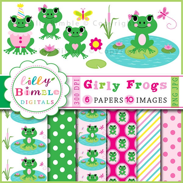 Girly frogs clipart and papers for birthday cards, invites, crafts Instant Download Il_170x135