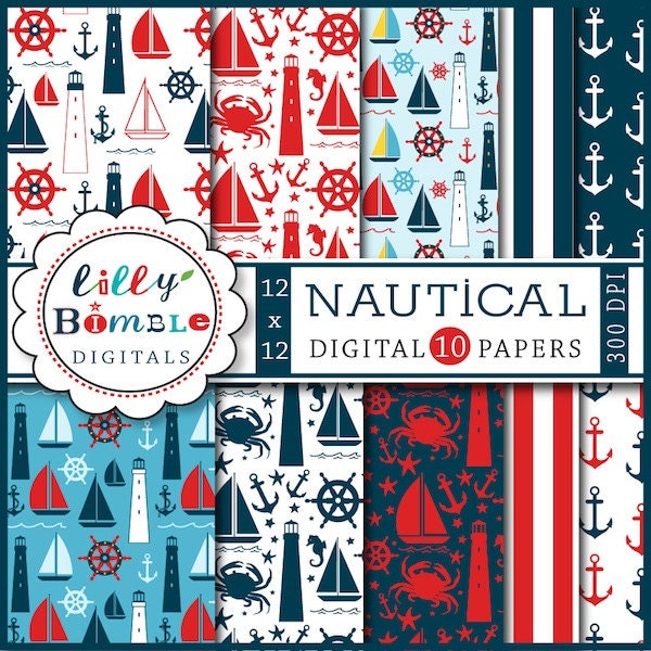 Instant Download Nautical sailing digital papers with sailboats, lighthouses, anchors Il_170x135