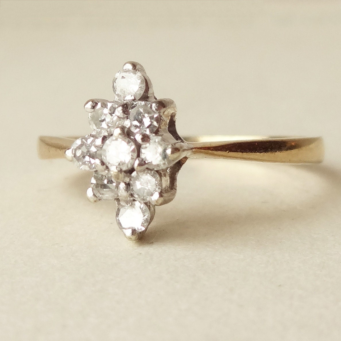 Vintage Marquise Diamond Cluster Ring, 9 Carat Gold Navette Shaped Diamond Ring Approx. Size US 6.5
