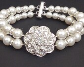 Vintage Style Pearl Wedding Bridal Bracelet, Rhinestone Bridal Bracelet Cuff, Pearl Wedding Cuff Bracelet, Art Deco Bridal Jewelry, Madeline