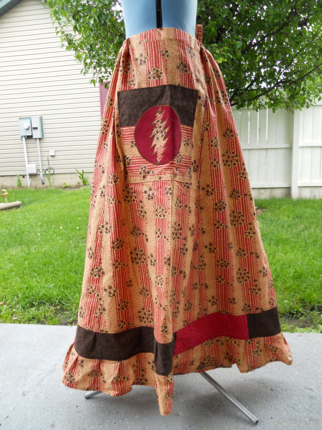 Earthy Browns and Reds Grateful Dead Stealie Long A-line Hippie Patchwork Skirt up to Plus Size