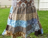 Earthy Browns and Blues Tiered Patchwork A-line Knee Length Skirt Hippie Clothes up to Plus size