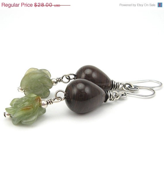 30% off SALE Brown Teardrop Sterling Earrings, Green Serpentine Flowers, Hand-Forged Silver Earwires