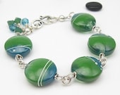 SALE Blue Green Lampwork Sterling Bracelet, Swarovski Crystal Accents, Hand-Forged Clasp