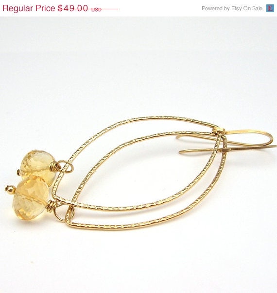 30% off SALE Citrine Gold Earrings, Large Gemstones on Marquise Hoops, 14k Gold Filled Earwires