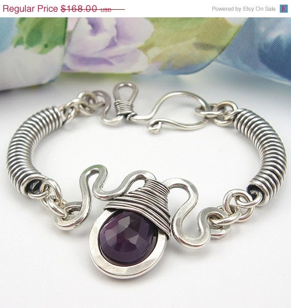 SALE Sterling Silver Wirework Bracelet, Wire-Wrapped Plum Chalcedony Gemstone Briolette