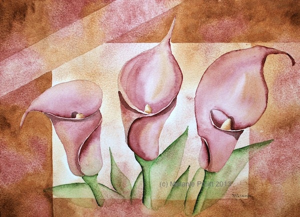 Calla Lilies ORIGINAL 11x14 Lily floral geometric brown dusky rose maroon bronze flower Watercolor Painting by Melanie Pruitt EBSQ