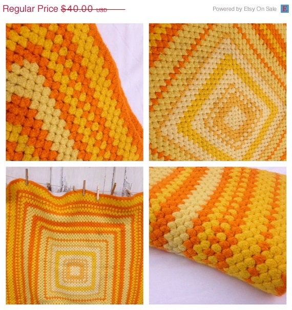 HOLIDAY WEEKEND SALE- Vintage Crocheted Wool Afghan Blanket-Yellow Sunshine