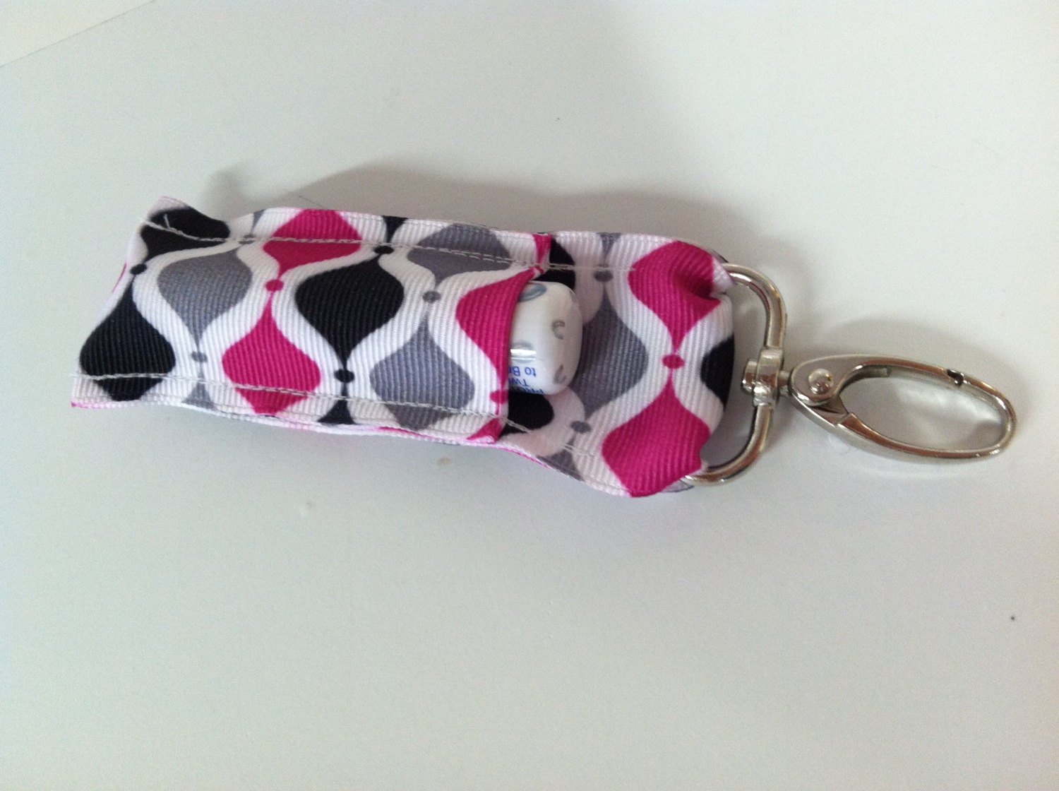 Pink Black Gray quatrefoil hourglass Key Fob Chapstick Holder