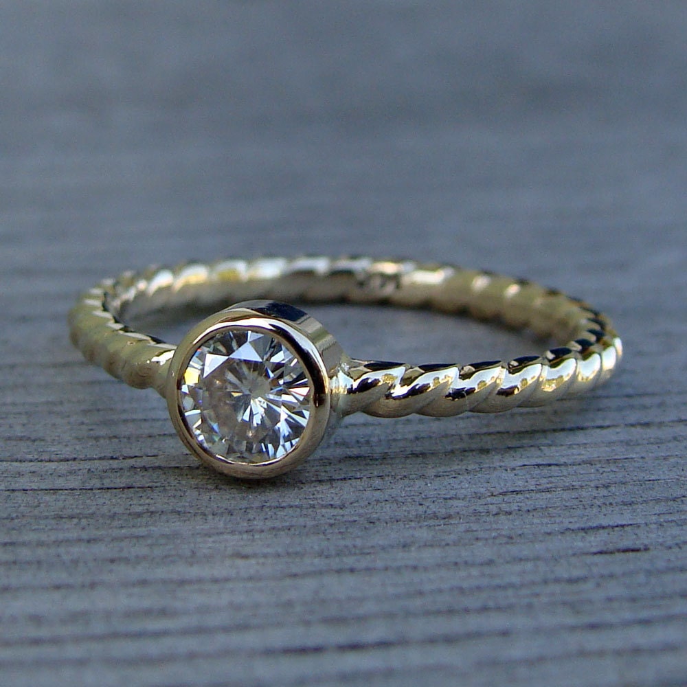Lovely Rope / Braid / Twist Motif Moissanite and Recycled 14k Yellow Gold Ring, Eco-Friendly Diamond Alternative, size 6.75