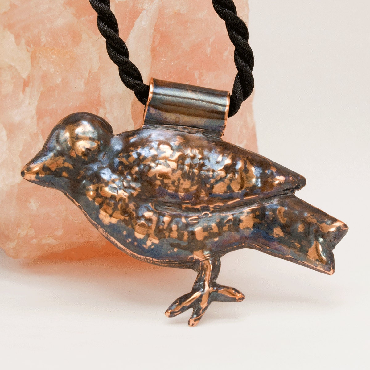 Bird Pendant Copper Reposse Finch on Black Cord
