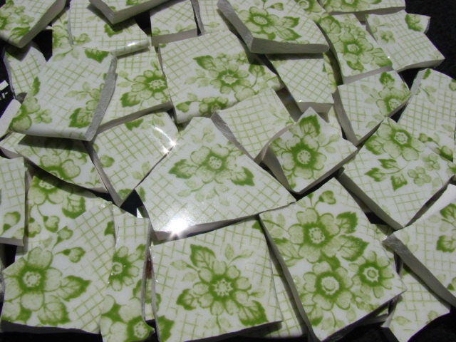 Mosaic Tiles Vintage Green Retro Chintz Flower Broken China Plate Art Supply