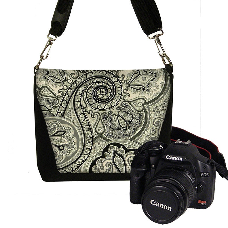 SALE Paisley MINI Messenger Small Camera Bag Purse Canon Nikon etc Water Resistant Fabric Black White  Gray (RTS)