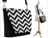 SALE iPad  Tablet  Messenger Bag,  Water Resistant,  Padded Divider,  Zipper Pocket,  Women's Travel Bag, Chevron - Black, White
