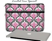 SUPER SALE Laptop Sleeve for 13" MacBook Pro Retina Display Laptop Case Zipper Pocket Padded Woman's Laptop Sleeve Damask Pink Black White