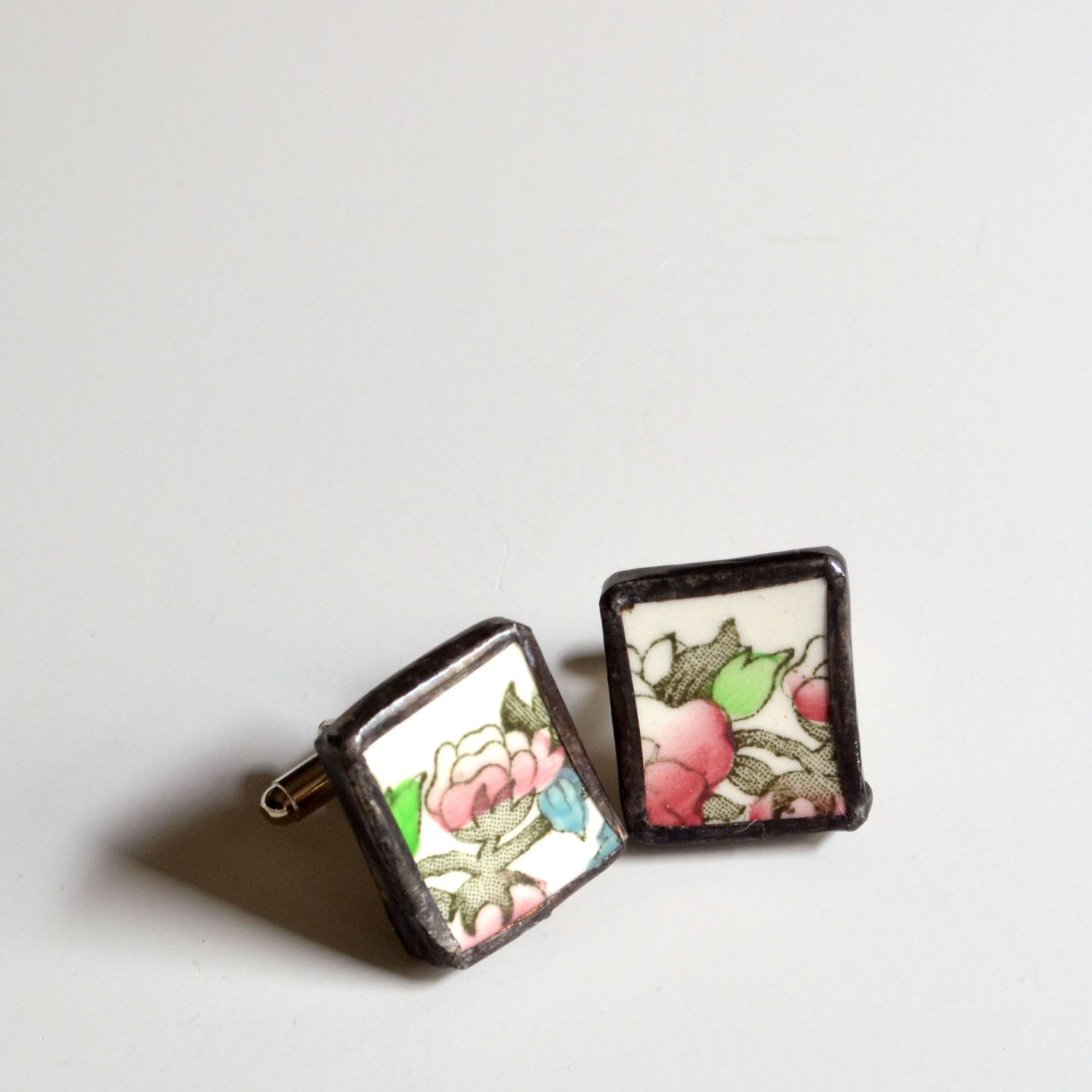 Broken Plate Cuff Link - Blue Red and Green - Recycled China