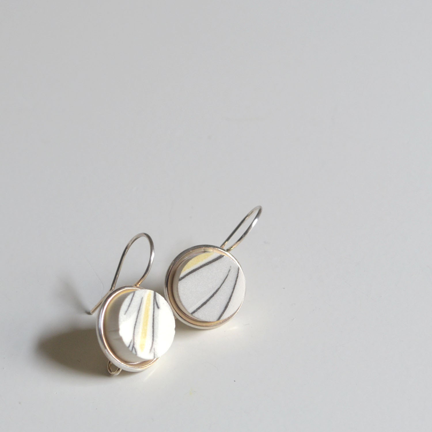 Simple Circle Recycled Plate Earring - Grey Yellow and White - Recycled China