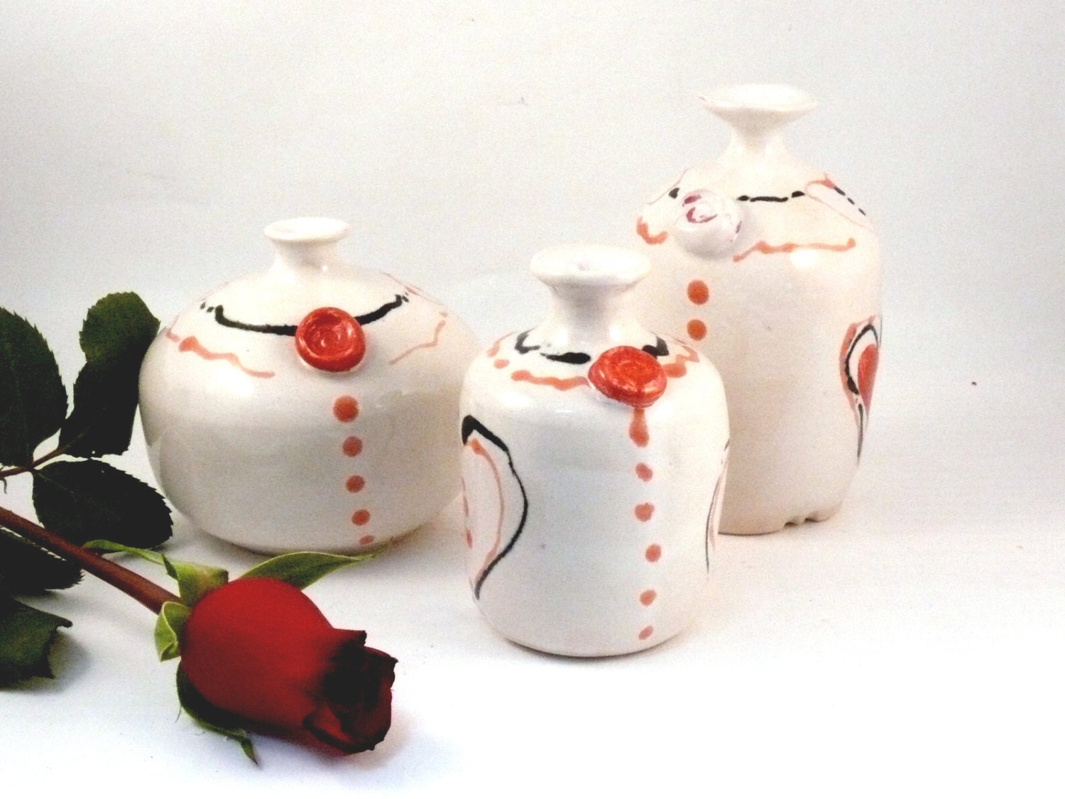 Three Artistic Small Bud Vases with hearts in white, pink and red - Art Vessels Ship Today
