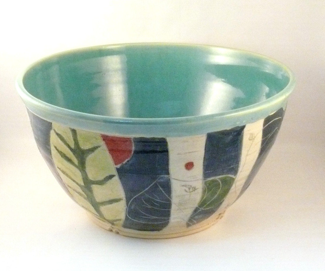 Large blue ceramic decorative serving bowl holds two gallons IN STOCK / woodland design /  home decor - hostess thank you