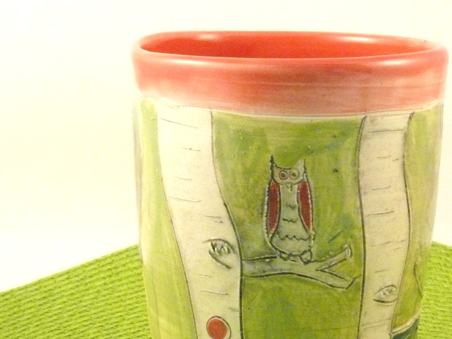 Handmade Ceramic Tumbler with owl -  Teacup,  or Vase Pencil holder desk accessory toothbrush holder T29 holds 20 ounces - Ready2Ship