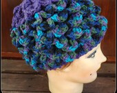 Crochet Hat Women Hat - CROCODILE Stitch Womens Beanie Hat in Purple and Peacock Ombre - Crochet Womens Hat - Custom Order