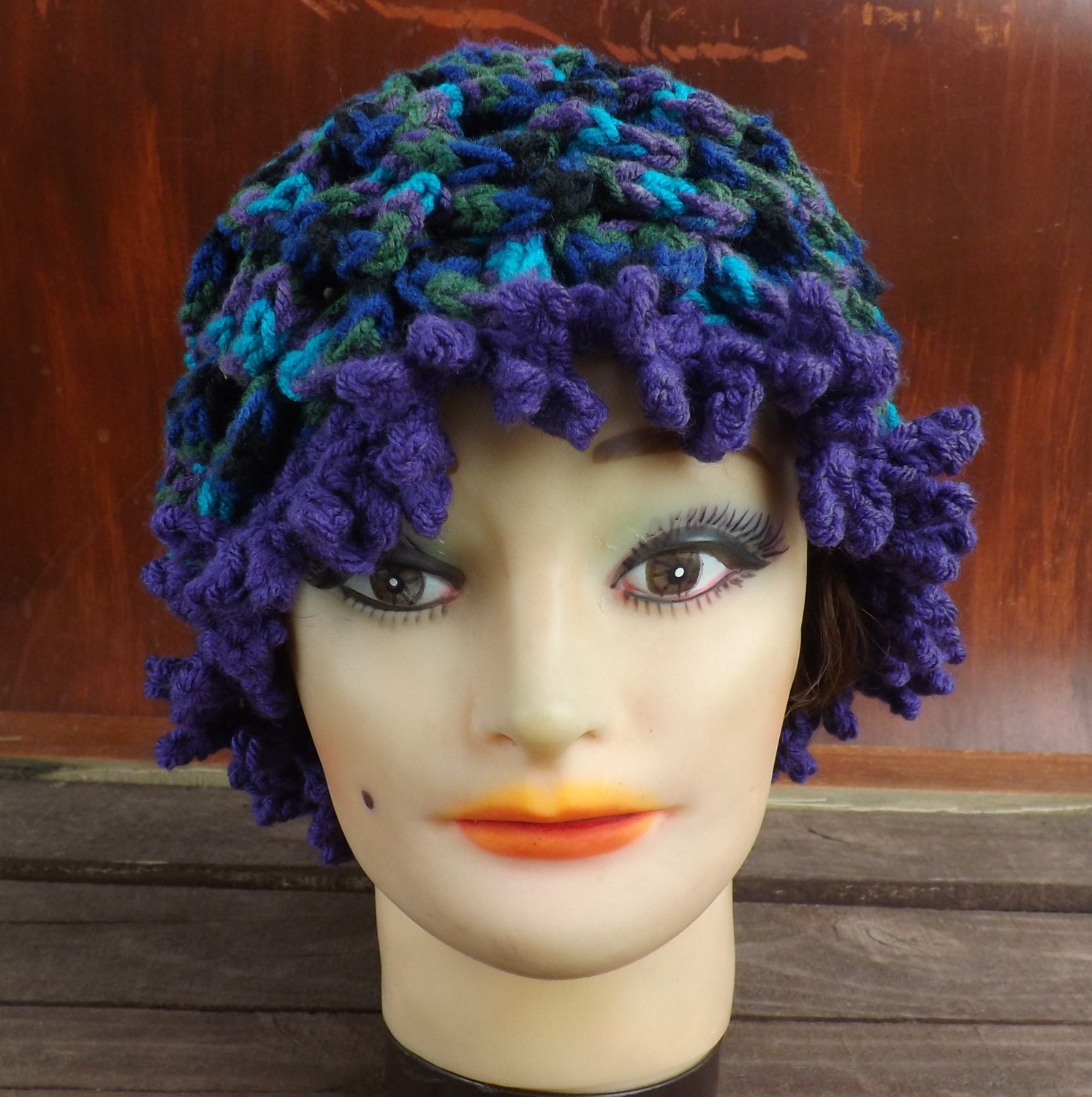 Crochet Hat Women Hat - CROCODILE Stitch Womens Hair Hat in Purple and Peacock Ombre - Crochet Womens Hat - Burlesque Hat Costume