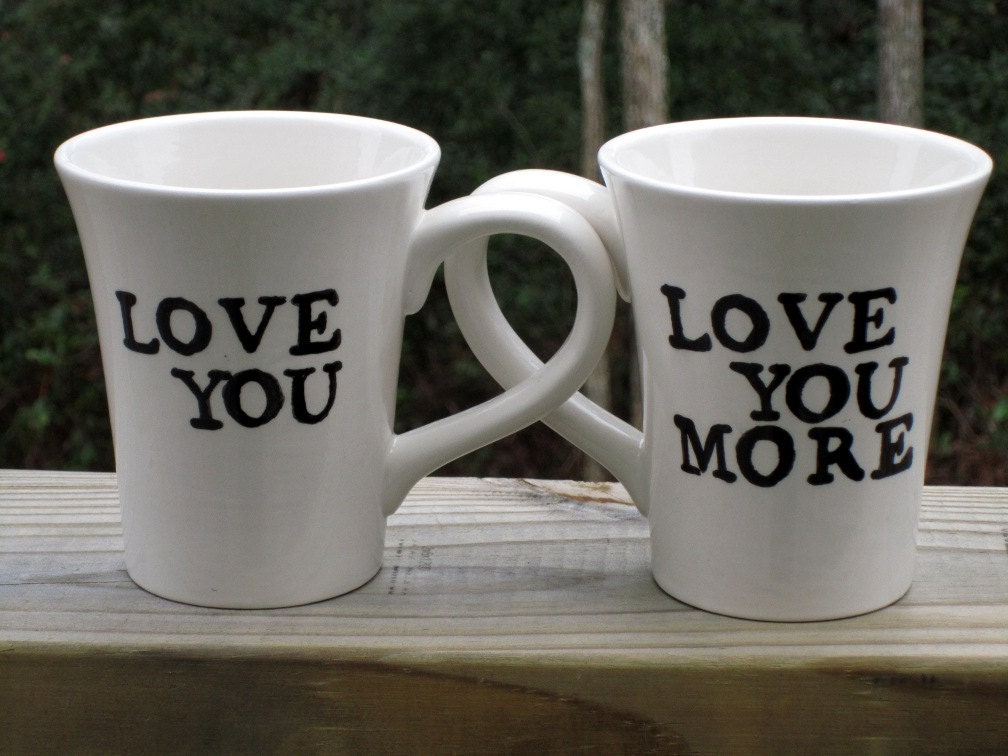 Set of Love you Love you More mugs kiln fired art pottery