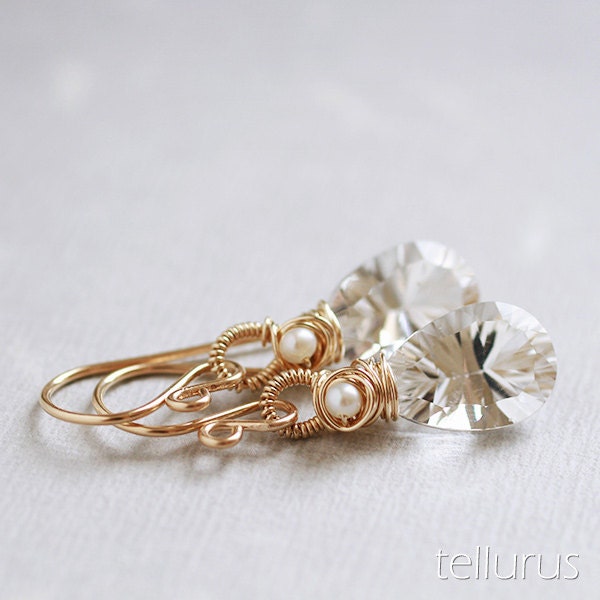 Starshine Earrings - crystal quartz white pearl 14K gold filled wire wrapped earrings