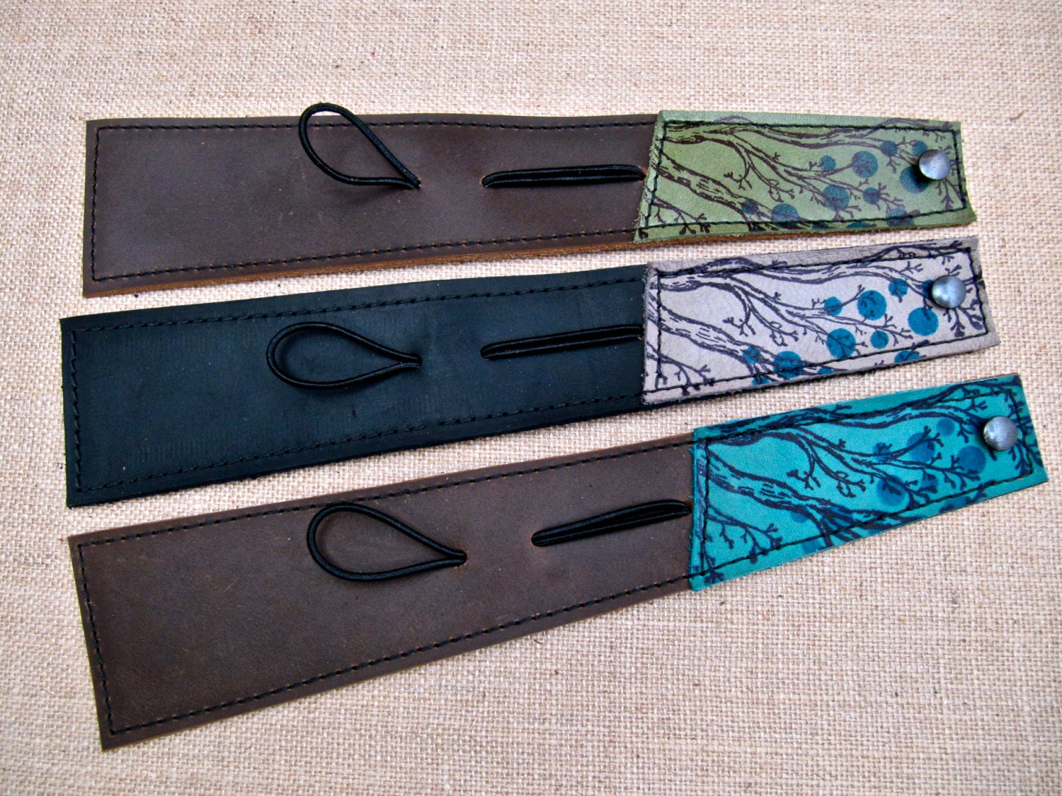 Leather Cuff Wrap Bracelet, Twiggy Print in Brown & Hunter Green - SALE - see Shop for Coupon Codes...