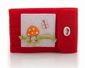 Woodland Needle Book, Red Wool Felt, Small, Hand Embroidered Mushroom and Butterfly, Green, Orange, Mushroom Button, Forest Scene