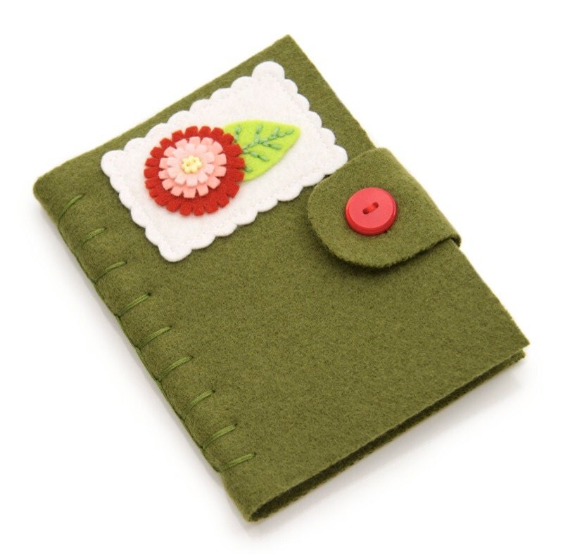 Needle book, green wool sewing case, with hand embroidered red and pink felt flower
