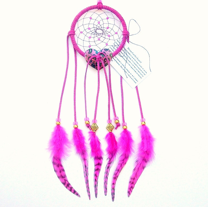 Fuchsia Dream Catcher, Grizzly Rooster Feathers