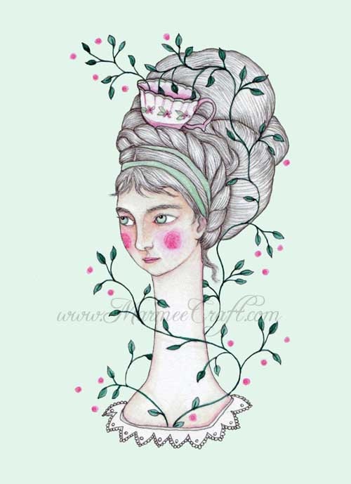 Victorian girl hair tea art print, "My Garden in a Tea Cup"