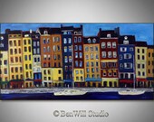 LARGE Oil Landscape Painting FRANCE - Original Painting Colorful Impressionist Seaside Fine Art on Canvas, HONFLEUR France 48x24 by BenWill
