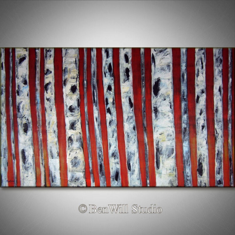 Huge Wall Art BIRCH Tree Painting ORIGINAL Birch Forest Landscape Red Gray White - Fine Art Oil Painting 60x36 by BenWill