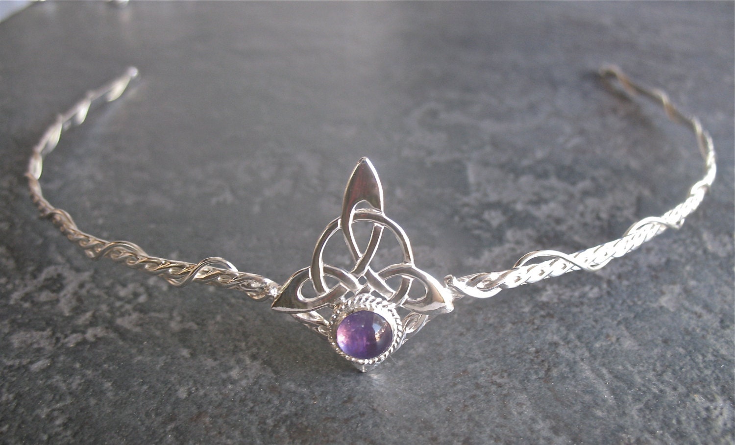 Celtic Circlet Wedding Headpiece with Cabochon Gemstone, Sterling Silver, Handmade