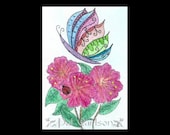 Original Watercolor Painting - Fantasy Butterfly and Petunias - ACEO - ATC - SFA - Scrapbooking - Carlson 188
