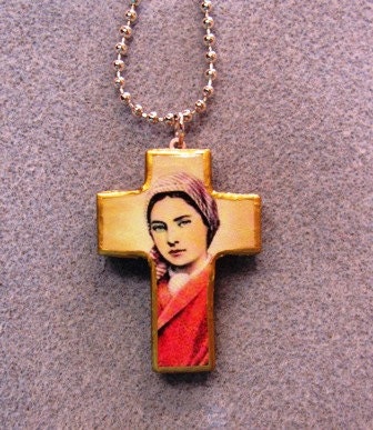 St. Bernadette Soubirous Wood Catholic Crucifix Necklace Lourdes BS4