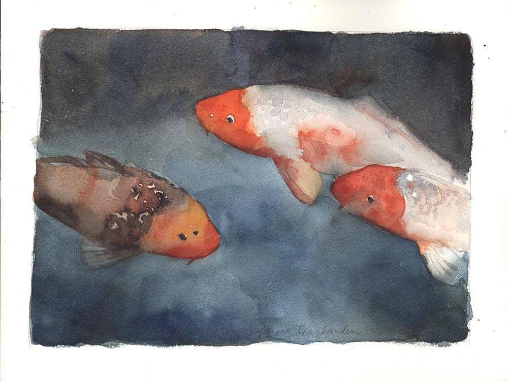 Original Watercolor Painting, Koi, Japanese Tea Garden San Antonio, Free Mat, Ready to Frame 9 x 12