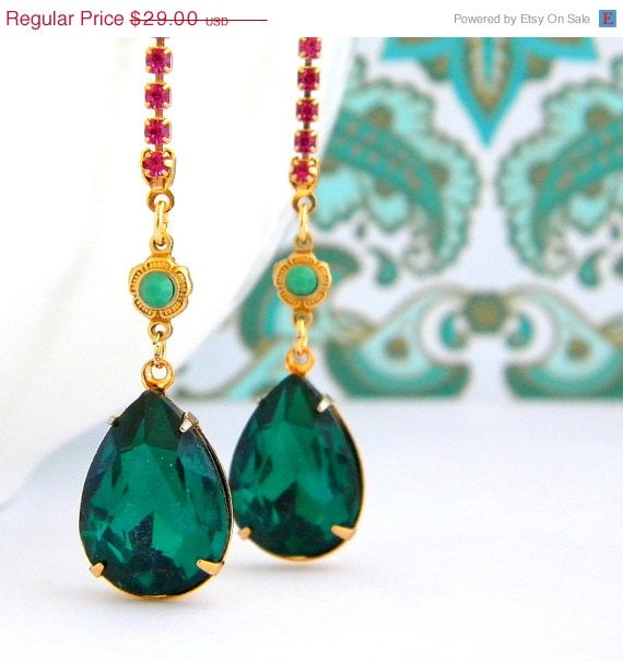 Swarovski Fuchsia Pink Emerald Green Rhinestone Earrings
