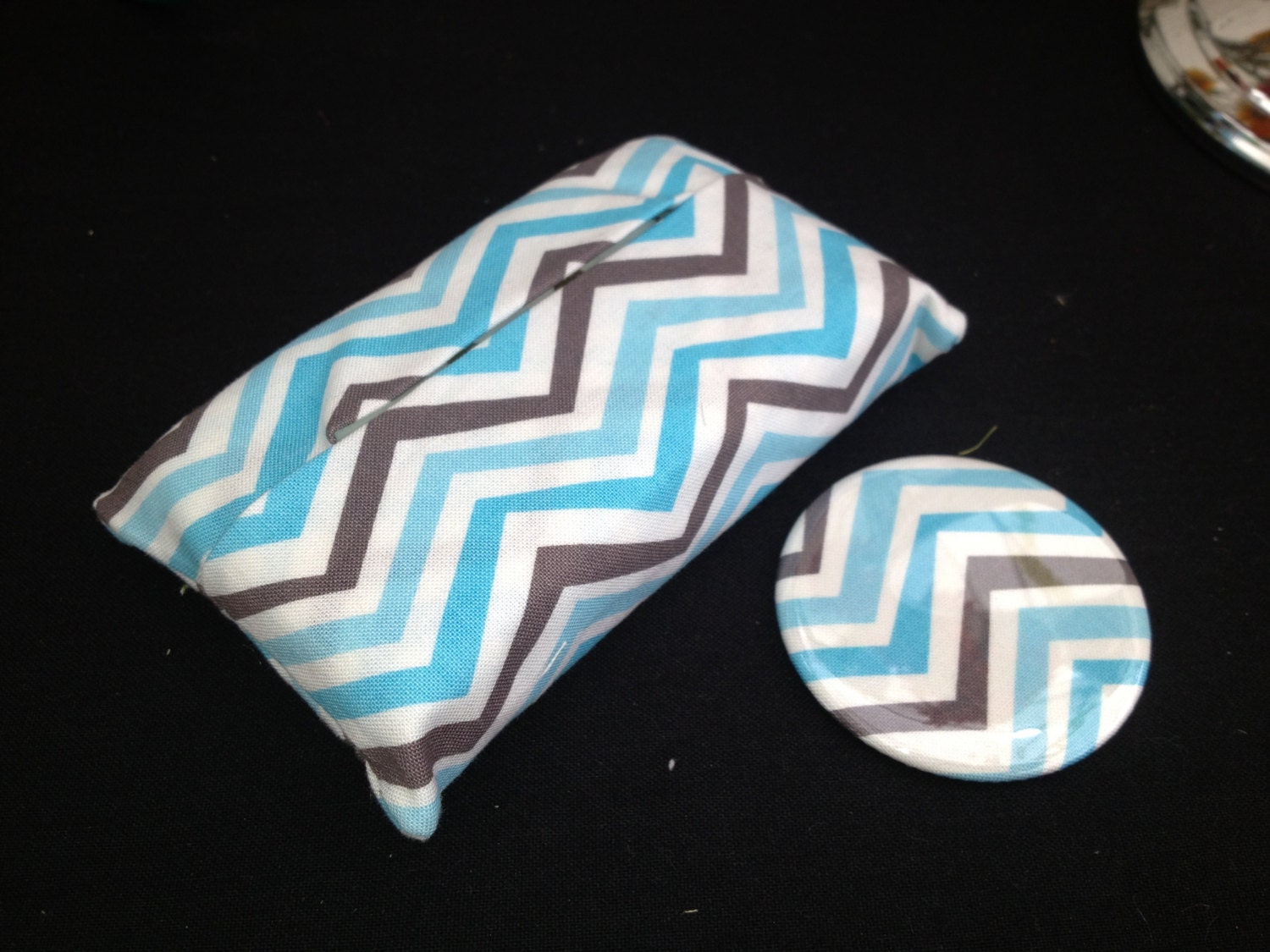 Matching tissue cozy and pocket mirror blue and gray chevron