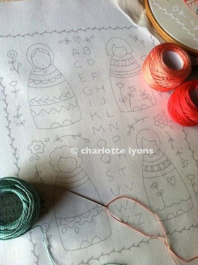 embroidered dolls or sampler on WHITE cotton fabric