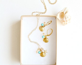 Little Golden Seashell Charm Necklace and Earrings SET