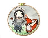 Girl meets Mr Fox, embroidered hoop, wall art