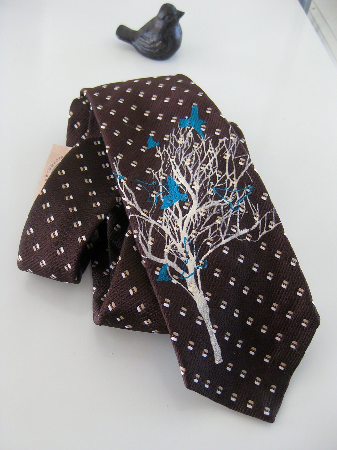 FREE GIFT WRAP - Fathers Day - Vintage Mens Screen Printed Neck Tie - Chocolate brown tie with white tree & blue birds