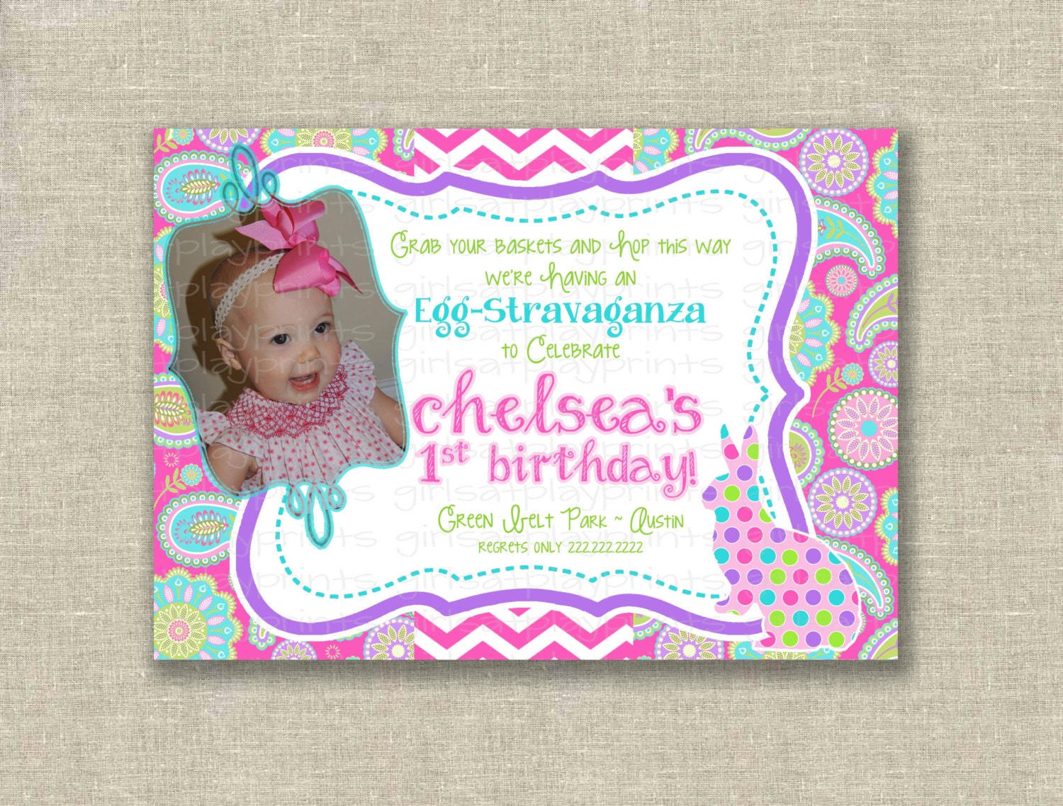 Easter 1st First Birthday Girl Invitation Bunny Pink Paisley Photo - Digital - by girls at play girlsatplay Il_170x135