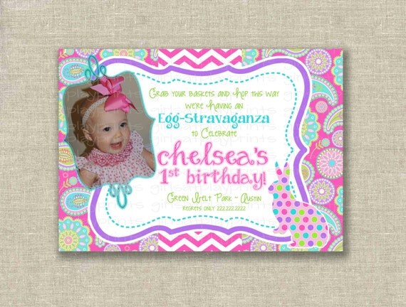 Easter 1st First Birthday Girl Invitation Bunny Pink Paisley Photo - Digital - by girls at play girlsatplay Il_570xn